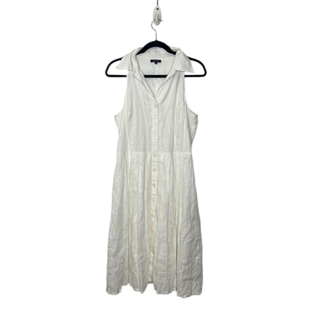 SOLD claudia Strater white sleeveless flax- linen button down midi dress